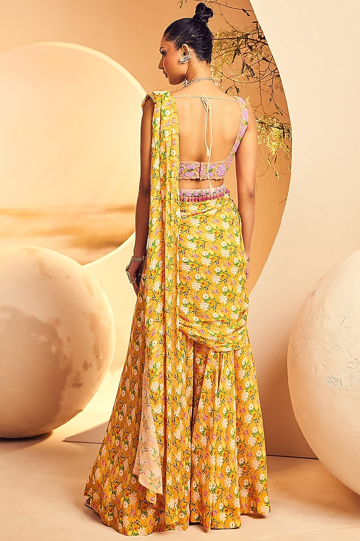 Yellow Chinon Chiffon Floral Printed Pre-Draped Wedding Saree Set by Aneesh Agarwaal PRET at Pernia's Pop Up Shop