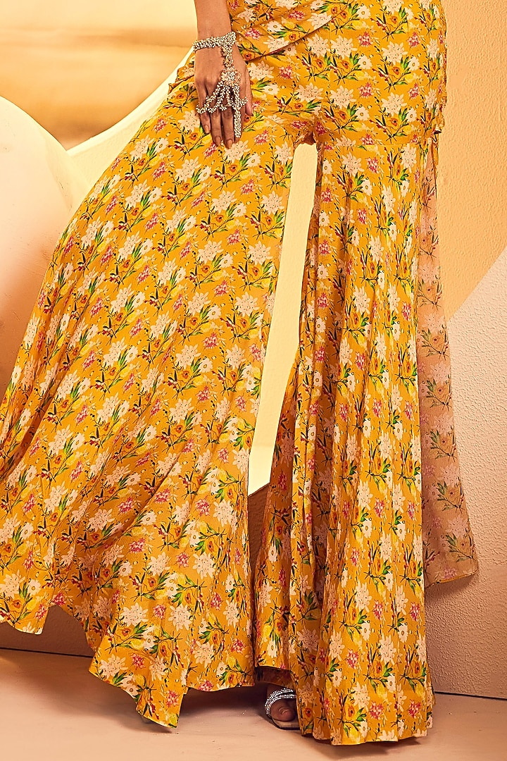 Yellow Chinon Chiffon Floral Printed Pre-Draped Wedding Saree Set by Aneesh Agarwaal PRET at Pernia's Pop Up Shop