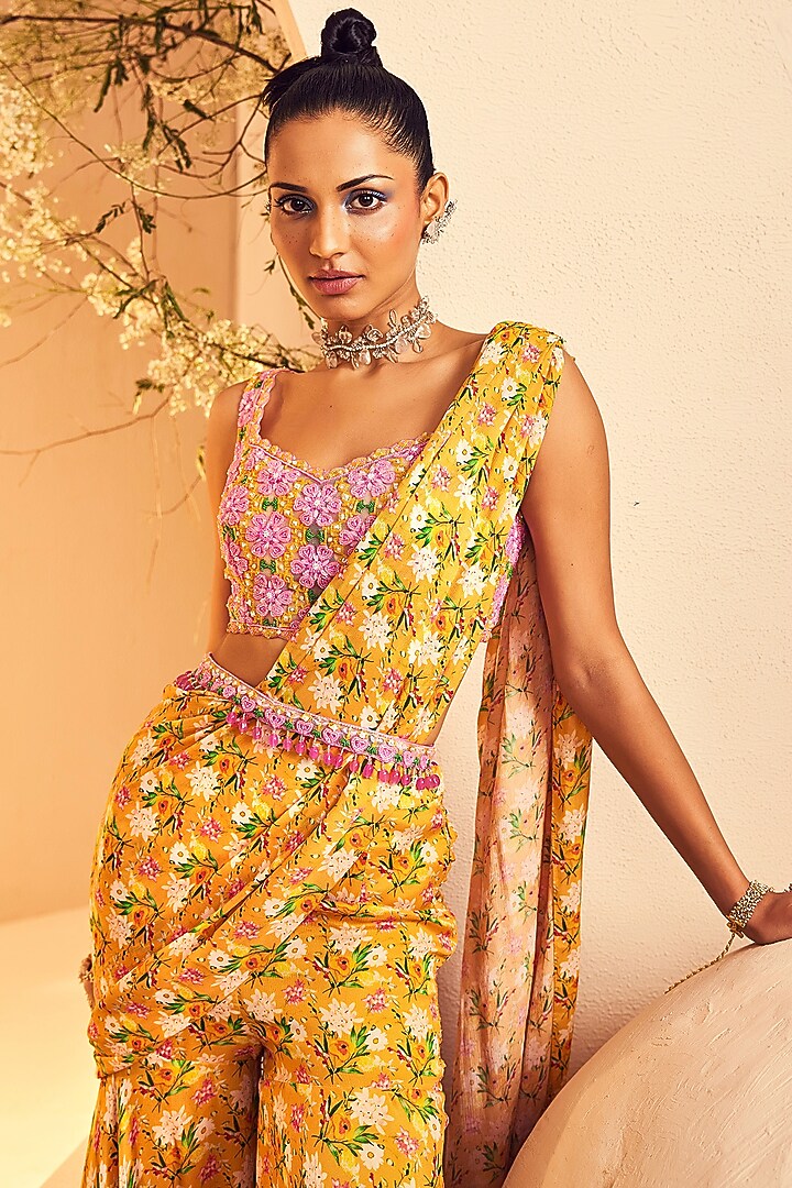 Yellow Chinon Chiffon Floral Printed Pre-Draped Wedding Saree Set by Aneesh Agarwaal PRET at Pernia's Pop Up Shop