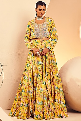 Yellow Crepe Floral Printed Flared Lehenga Set by Aneesh Agarwaal PRET