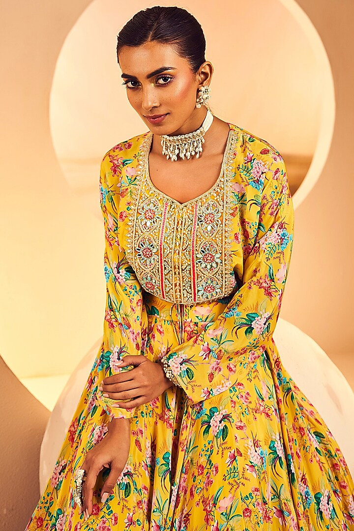 Yellow Crepe Floral Printed Flared Wedding Lehenga Set by Aneesh Agarwaal PRET at Pernia's Pop Up Shop