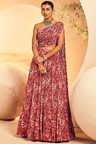 Red Chinon Chiffon Kalamkari Printed Flared Kalidar Lehenga Set by Aneesh Agarwaal PRET