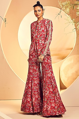 Red Crepe Kalamkari Printed Flared Sharara Set by Aneesh Agarwaal PRET