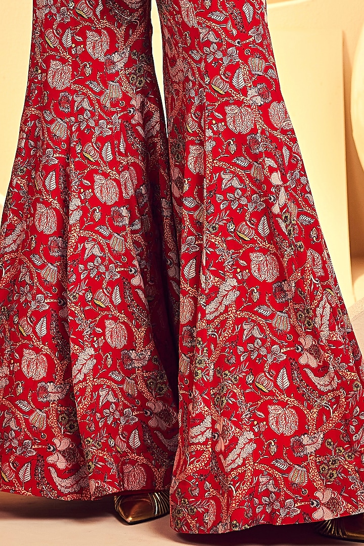 Red Crepe Kalamkari Printed Flared Wedding Sharara Set by Aneesh Agarwaal PRET at Pernia's Pop Up Shop
