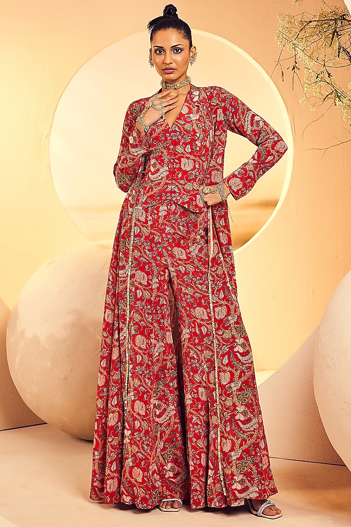 Red Crepe Kalamkari Printed Flared Party Wear Sharara Set by Aneesh Agarwaal PRET at Pernia's Pop Up Shop