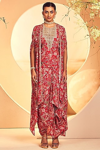 Red Crepe Kalamkari Printed Draped Dhoti Set by Aneesh Agarwaal PRET