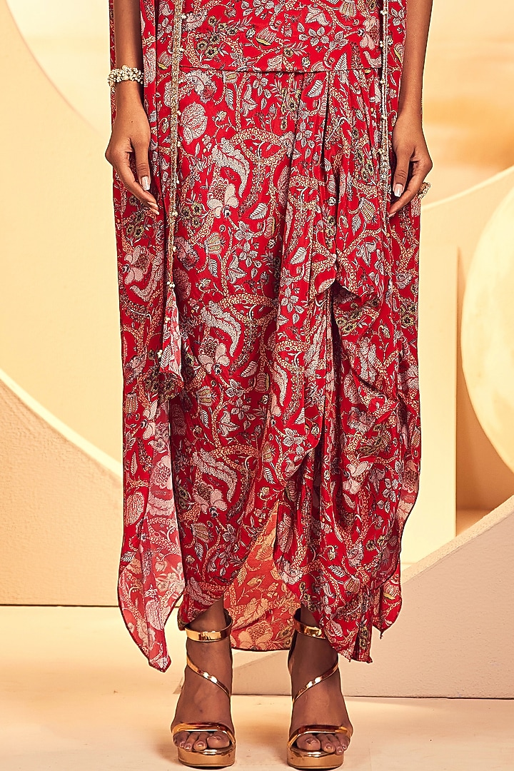 Red Crepe Kalamkari Printed Draped Dhoti Set by Aneesh Agarwaal PRET at Pernia's Pop Up Shop