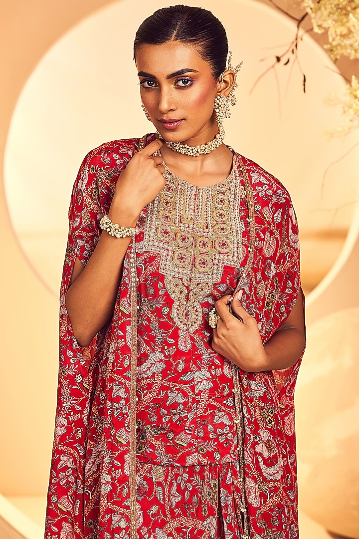 Red Crepe Kalamkari Printed Draped Dhoti Set by Aneesh Agarwaal PRET at Pernia's Pop Up Shop