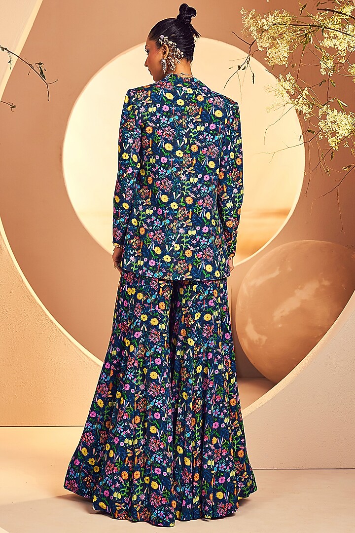 Navy Crepe Botanical Printed Wedding Sharara Set by Aneesh Agarwaal PRET at Pernia's Pop Up Shop