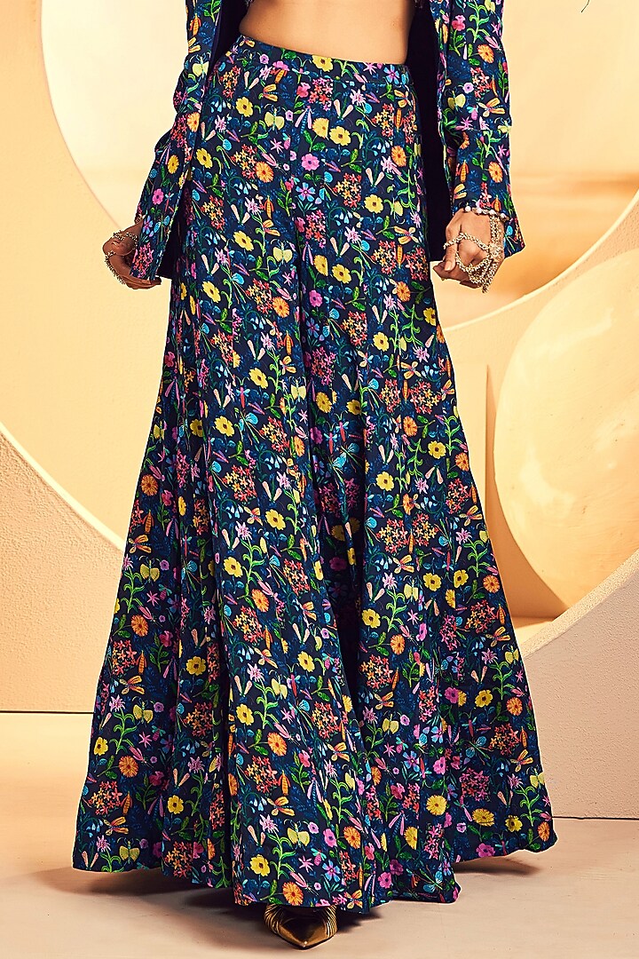 Navy Crepe Botanical Printed Wedding Sharara Set by Aneesh Agarwaal PRET at Pernia's Pop Up Shop