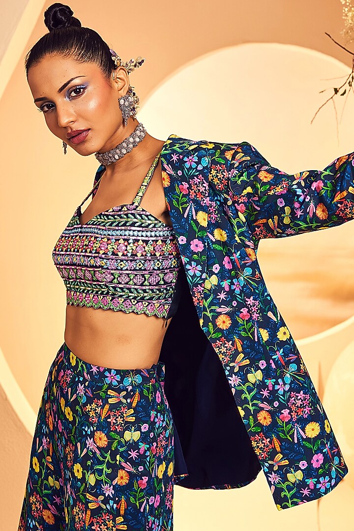 Navy Crepe Botanical Printed Wedding Sharara Set by Aneesh Agarwaal PRET at Pernia's Pop Up Shop