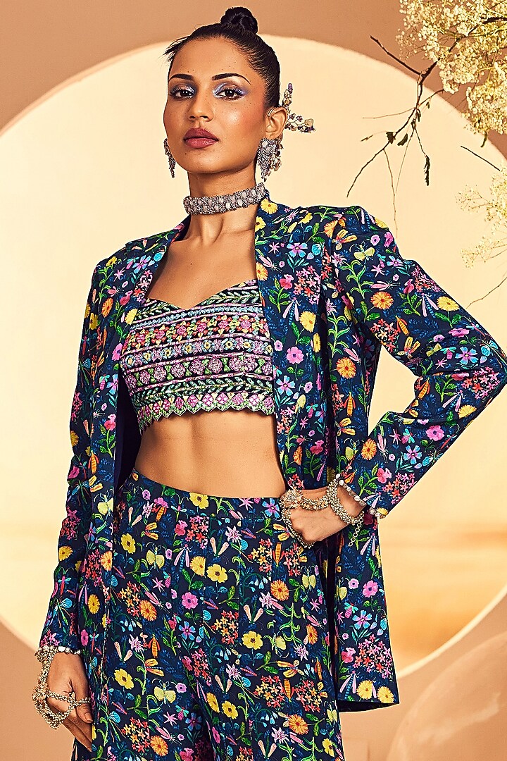 Navy Crepe Botanical Printed Wedding Sharara Set by Aneesh Agarwaal PRET at Pernia's Pop Up Shop
