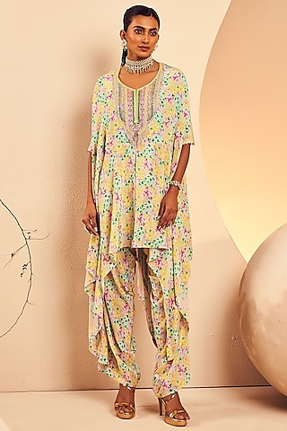 Aqua Blue Crepe Floral Printed Dhoti Set by Aneesh Agarwaal PRET