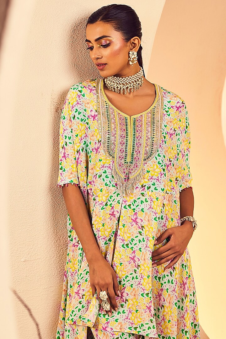 Aqua Blue Crepe Floral Printed Dhoti Set by Aneesh Agarwaal PRET at Pernia's Pop Up Shop