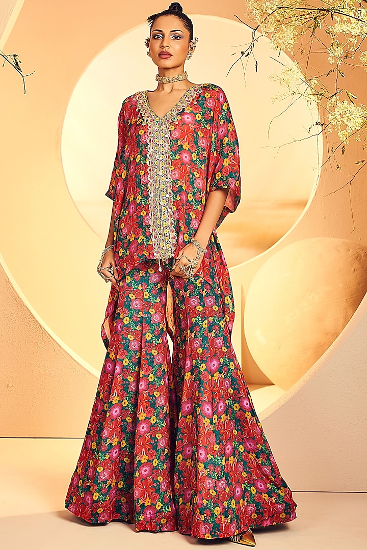 Multi-Colored Crepe Floral Printed Sharara Set by Aneesh Agarwaal PRET