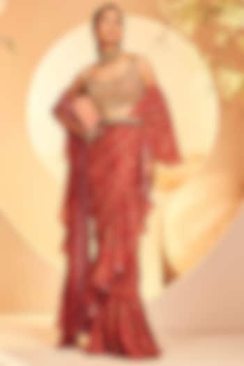 Maroon Chinon Chiffon Printed Pre-Draped Ruffled Saree Set by Aneesh Agarwaal PRET