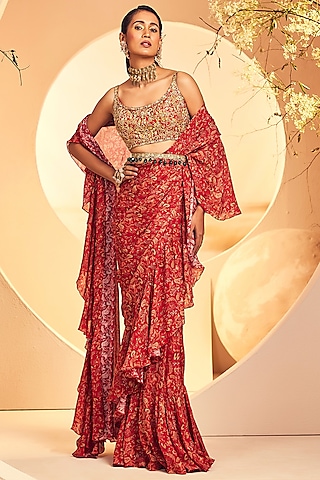 Maroon Chinon Chiffon Printed Pre-Draped Ruffled Saree Set by Aneesh Agarwaal PRET
