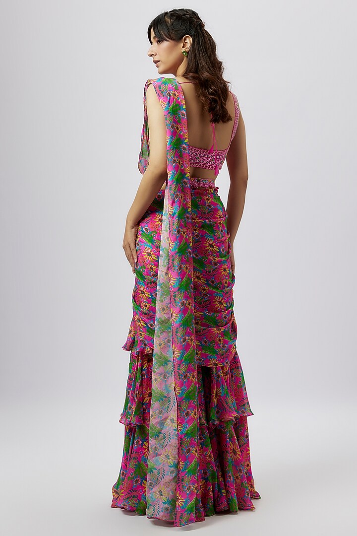 Pink Chinon Chiffon Floral Printed Sharara Wedding Saree Set by Aneesh Agarwaal PRET at Pernia's Pop Up Shop