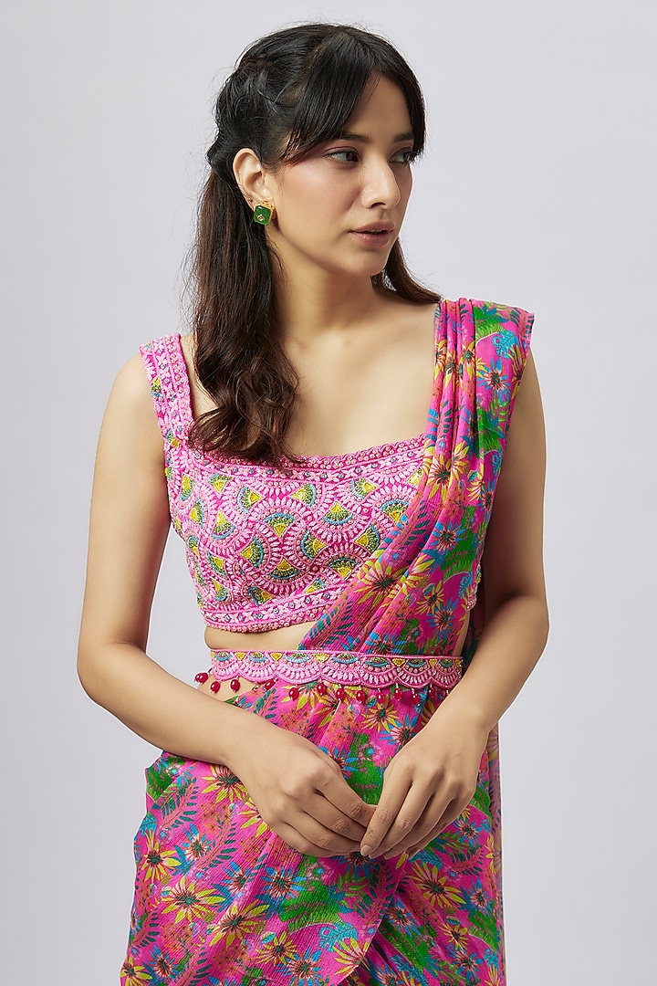Pink Chinon Chiffon Floral Printed Sharara Wedding Saree Set by Aneesh Agarwaal PRET at Pernia's Pop Up Shop