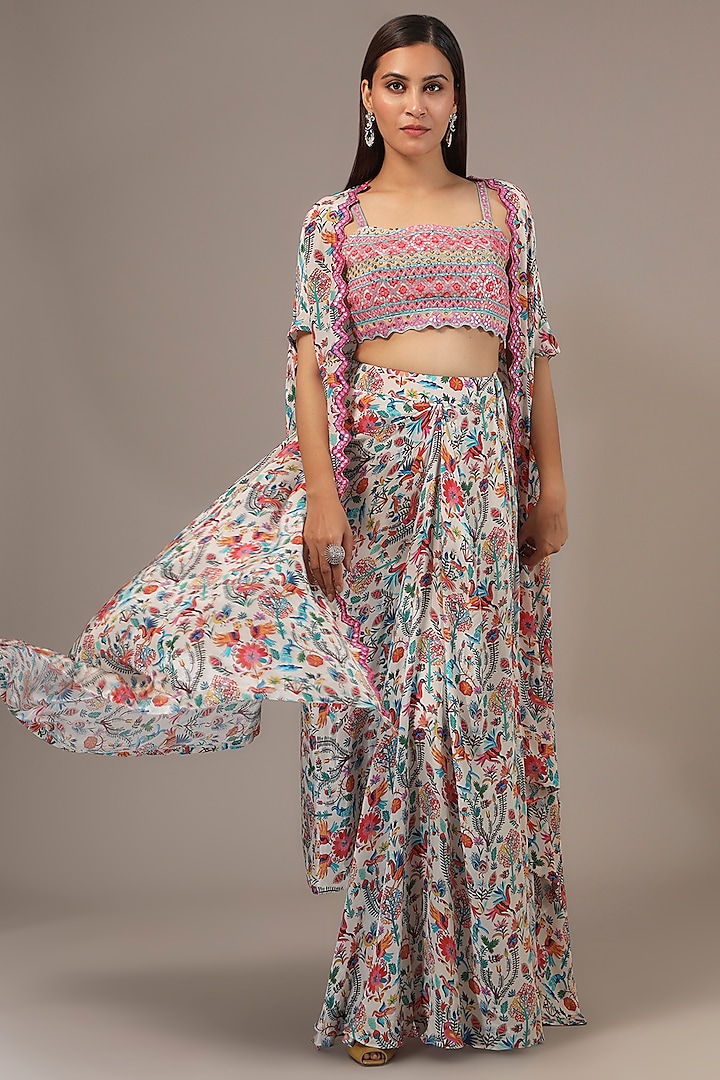 White Crepe Printed & Thread Embroidered Cape Set by Aneesh Agarwaal PRET at Pernia's Pop Up Shop