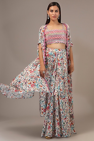 White Crepe Printed & Thread Embroidered Cape Set by Aneesh Agarwaal PRET