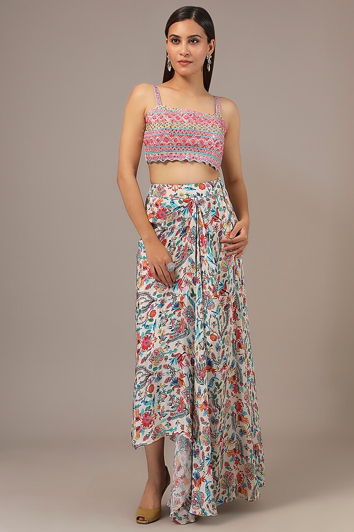 White Crepe Printed & Thread Embroidered Cape Set by Aneesh Agarwaal PRET at Pernia's Pop Up Shop