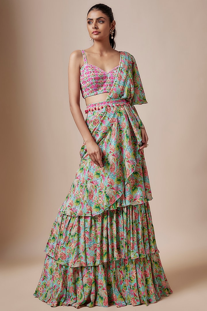 Aqua Green Crepe Floral Printed Pre-Stitched Layered Saree Set by Aneesh Agarwaal PRET at Pernia's Pop Up Shop