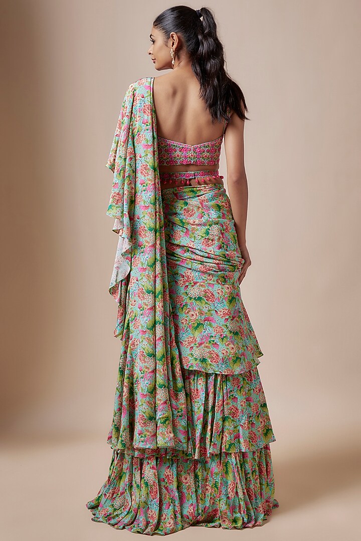 Aqua Green Crepe Floral Printed Pre-Stitched Layered Wedding Saree Set by Aneesh Agarwaal PRET at Pernia's Pop Up Shop
