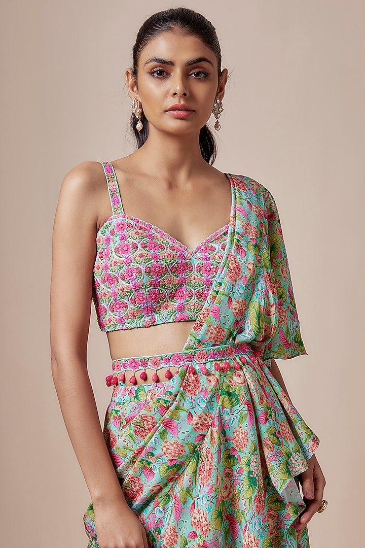 Aqua Green Crepe Floral Printed Pre-Stitched Layered Wedding Saree Set by Aneesh Agarwaal PRET at Pernia's Pop Up Shop