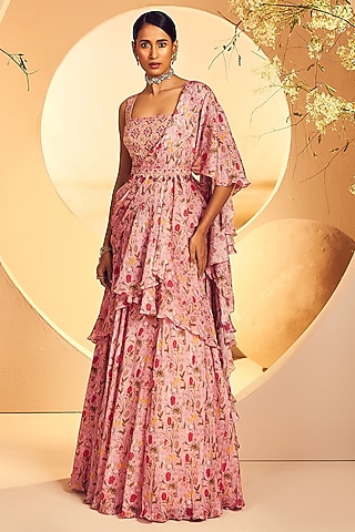 Pink Chinon Chiffon Printed Pre-Draped Ruffled Saree Set by Aneesh Agarwaal PRET
