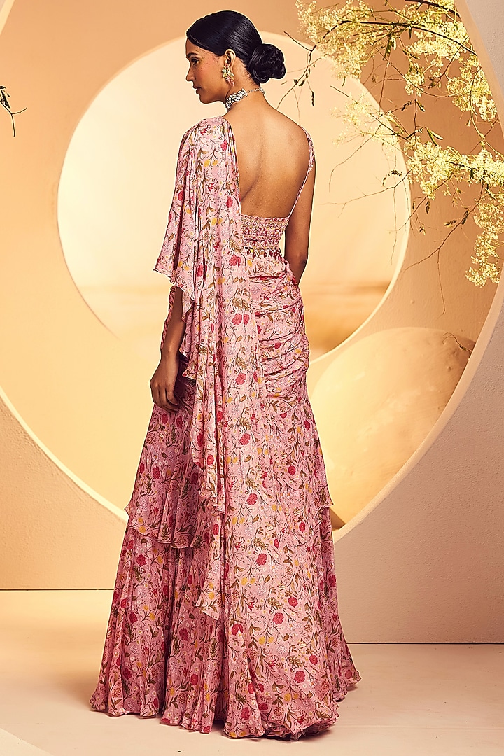 Pink Chinon Chiffon Printed Pre-Draped Ruffled Wedding Saree Set by Aneesh Agarwaal PRET at Pernia's Pop Up Shop