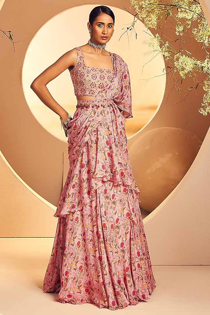 Pink Chinon Chiffon Printed Pre-Draped Ruffled Wedding Saree Set by Aneesh Agarwaal PRET at Pernia's Pop Up Shop