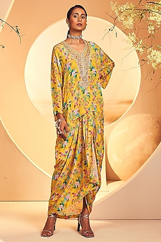 Yellow Crepe Floral Printed Dhoti Set by Aneesh Agarwaal PRET