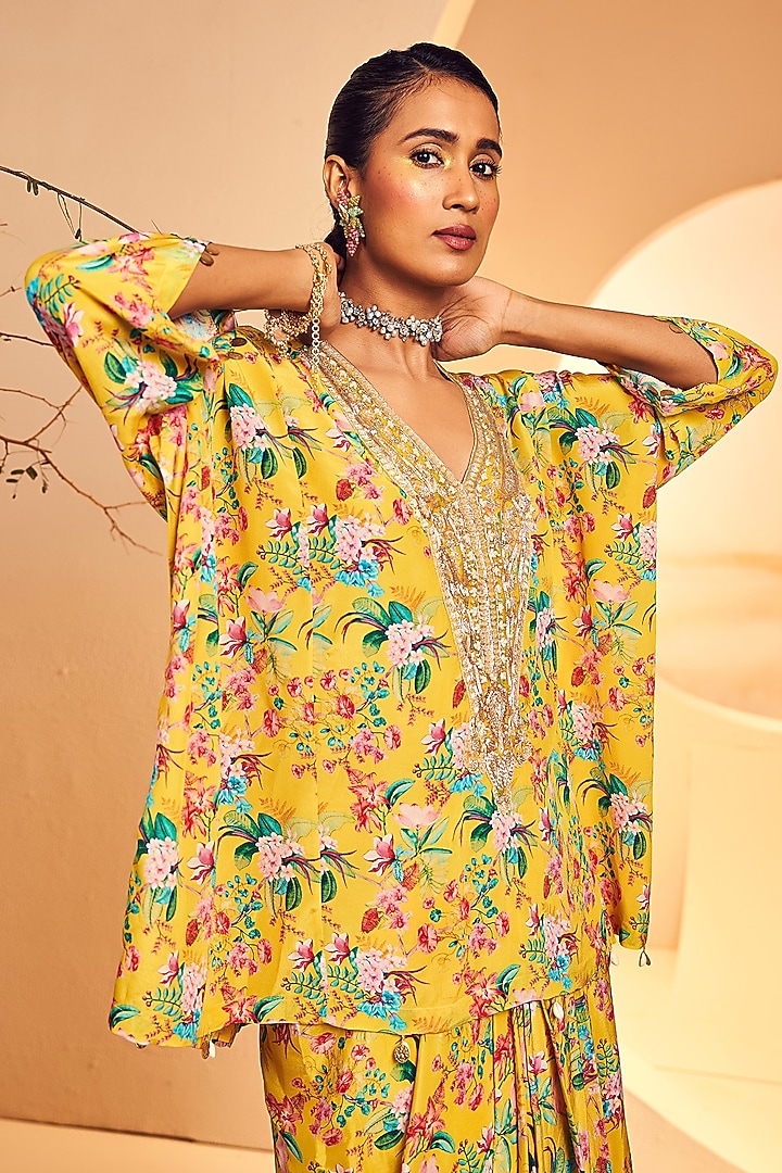 Yellow Crepe Floral Printed Dhoti Set by Aneesh Agarwaal PRET at Pernia's Pop Up Shop