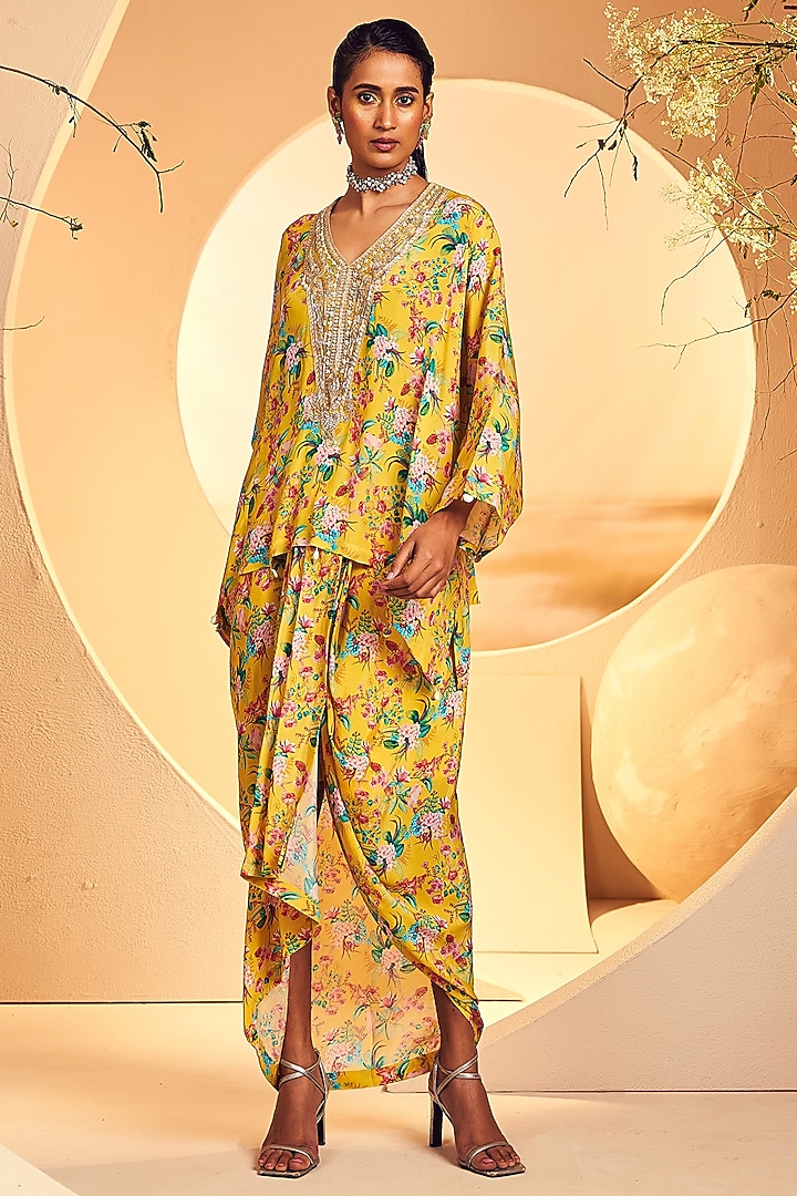 Yellow Crepe Floral Printed Dhoti Set by Aneesh Agarwaal PRET at Pernia's Pop Up Shop