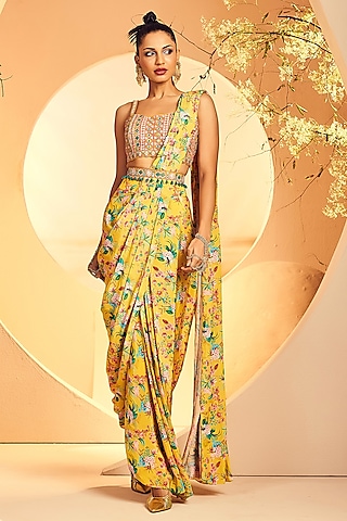 Yellow Crepe Floral Printed Pre-Draped Dhoti Saree Set by Aneesh Agarwaal PRET