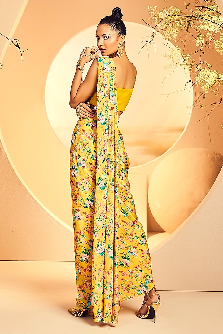 Yellow Crepe Floral Printed Pre-Draped Dhoti Wedding Saree Set by Aneesh Agarwaal PRET at Pernia's Pop Up Shop