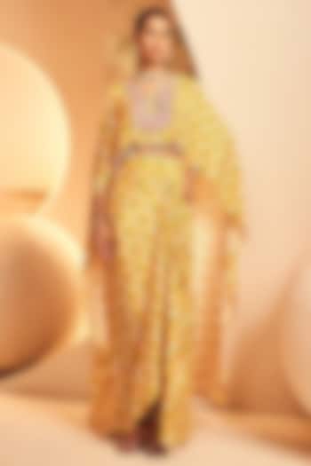 Yellow Crepe Floral Printed Draped Dhoti Skirt Set by Aneesh Agarwaal PRET