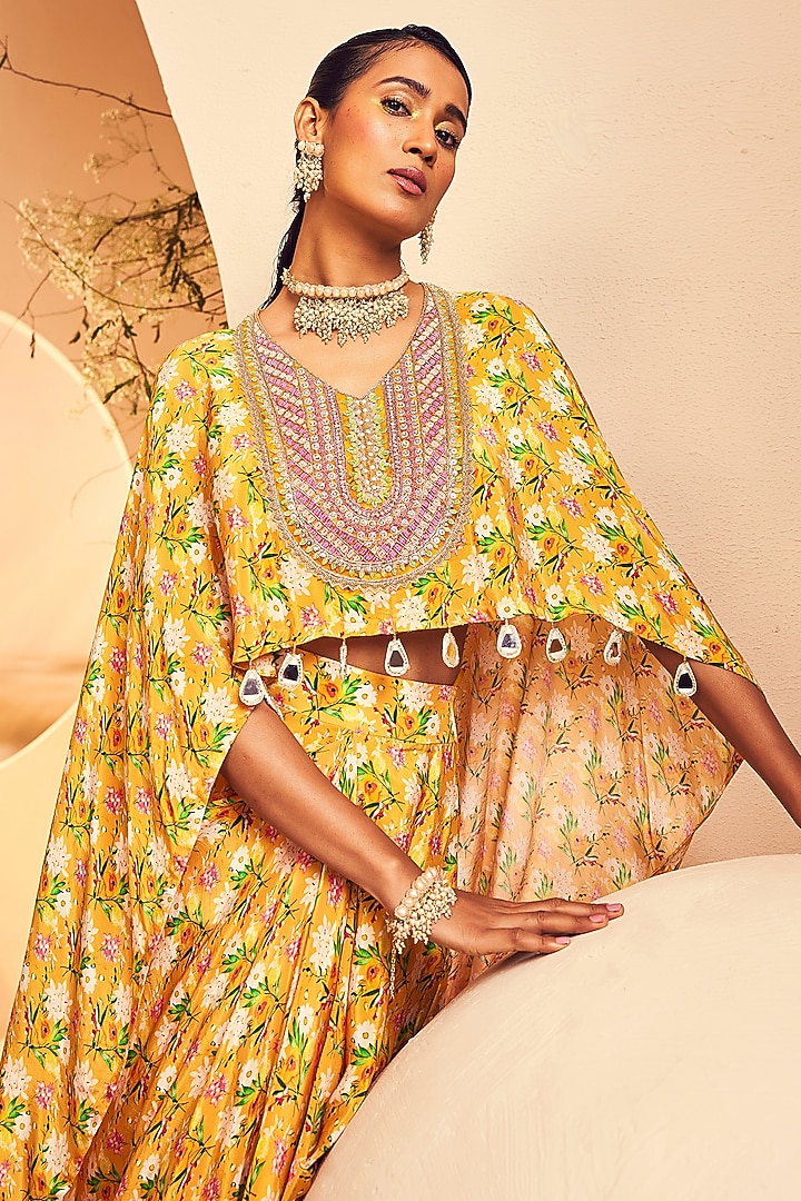 Yellow Crepe Floral Printed Draped Dhoti Skirt Set by Aneesh Agarwaal PRET at Pernia's Pop Up Shop