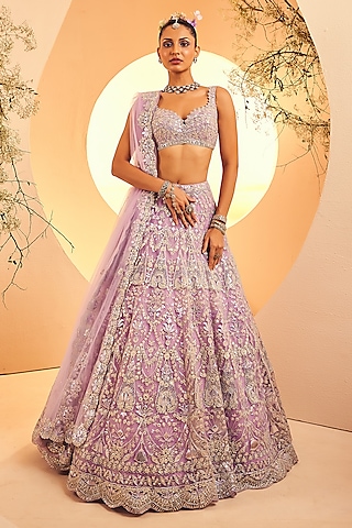 Orchid Tulle Cutdana & Mirror Embellished Lehenga Set by Aneesh Agarwaal