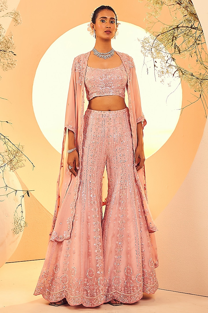 Pink Organza Cutdana & Pearl Embroidered Bridal Sharara Set by Aneesh Agarwaal at Pernia's Pop Up Shop