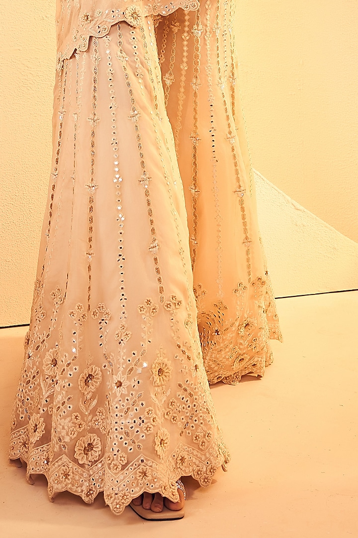 Dull Ivory Organza 3D Floral & Cutdana Embroidered Bridal Sharara Set by Aneesh Agarwaal at Pernia's Pop Up Shop