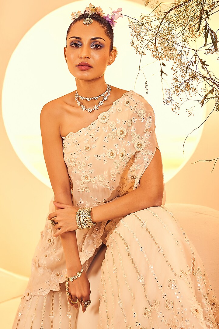 Dull Ivory Organza 3D Floral & Cutdana Embroidered Bridal Sharara Set by Aneesh Agarwaal at Pernia's Pop Up Shop