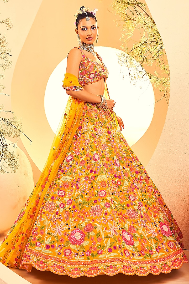 Yellow Organza Sequins & Cutdana Embroidered Bridal Lehenga Set by Aneesh Agarwaal at Pernia's Pop Up Shop