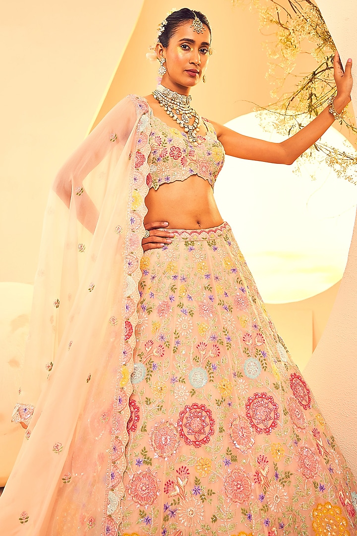Grey Organza Sequins & Cutdana Embroidered Bridal Lehenga Set by Aneesh Agarwaal at Pernia's Pop Up Shop