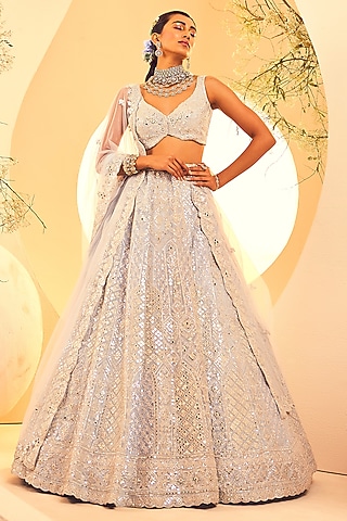 Blue Organza Sequins & Mirror Embroidered Lehenga Set by Aneesh Agarwaal