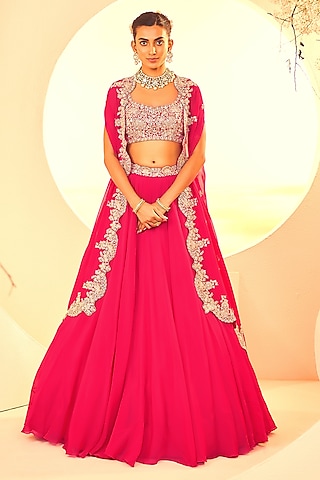Fuchsia Organza Dabka Hand Embroidered Cape Set by Aneesh Agarwaal