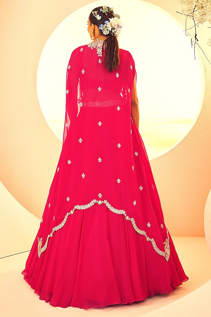 Fuchsia Organza Dabka Hand Embroidered Cape Set by Aneesh Agarwaal at Pernia's Pop Up Shop