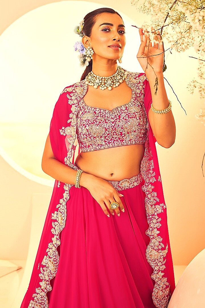 Fuchsia Organza Dabka Hand Embroidered Cape Set by Aneesh Agarwaal at Pernia's Pop Up Shop