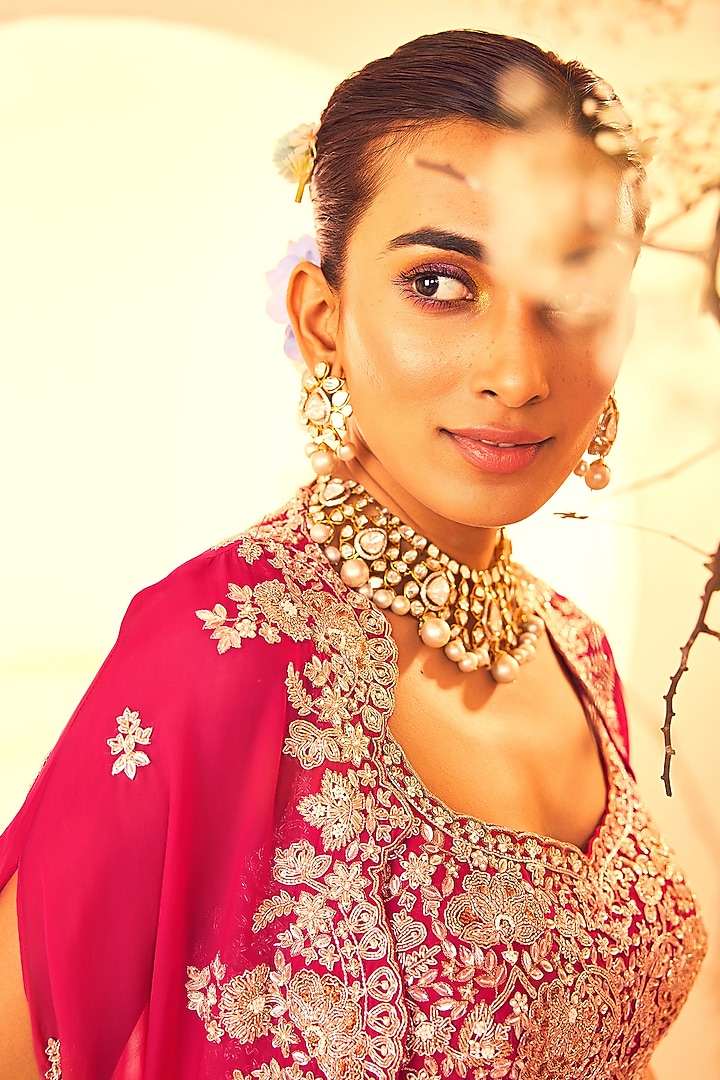 Fuchsia Organza Dabka Hand Embroidered Cape Set by Aneesh Agarwaal at Pernia's Pop Up Shop
